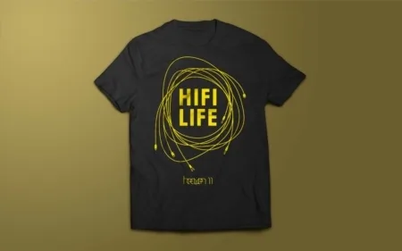 Black T-Shirt with big bold "HiFi Life" text surrounded by interconnect wires.