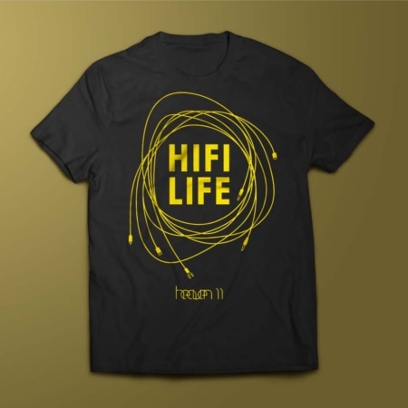 Black T-Shirt with big bold "HiFi Life" text surrounded by interconnect wires.