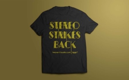 Attitude wear: large 'Stereo Strikes Back' silkscreened in bright yellow on black cotton t-shirt.