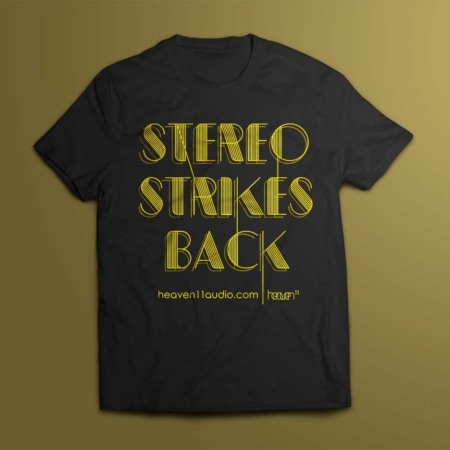 Attitude wear: large 'Stereo Strikes Back' silkscreened in bright yellow on black cotton t-shirt.